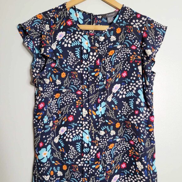 Primark Vibrant Blue Floral Short Sleeve Keyhole Blouse 4 - Picture 1 of 6